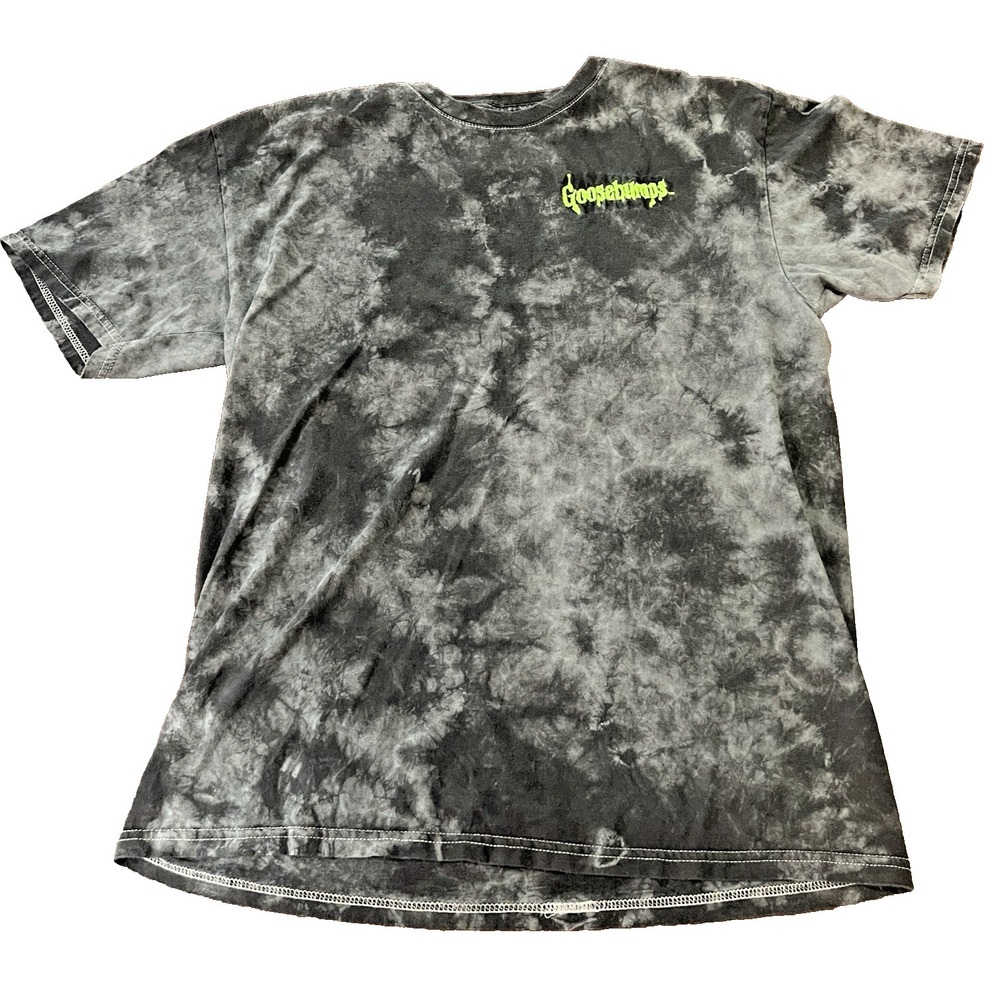 Retro Goosebumps Embroidered Tie Dye‎ T-Shirt Men Large Black Acid Wash Skater